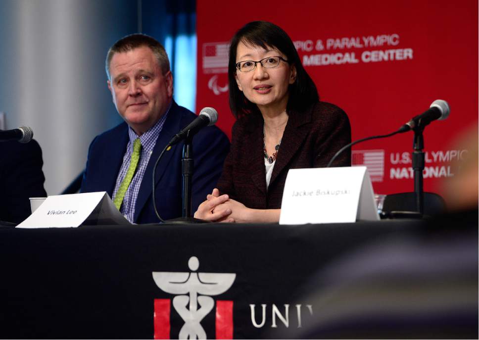 File photo | Scott Sommerdorf   |  The Salt Lake Tribune  
Vivian Lee, senior vice president of University of Utah Health Sciences, speaks during a May 2016 press conference. Leaders from the U., the  U.S. Olympic Committee Salt Lake City announced the U. was becoming one of three medical centers in its new National Medical Network.
